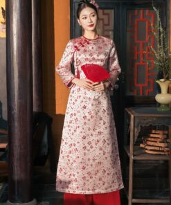 ÁO DÀI GẤM HOA ĐỎ